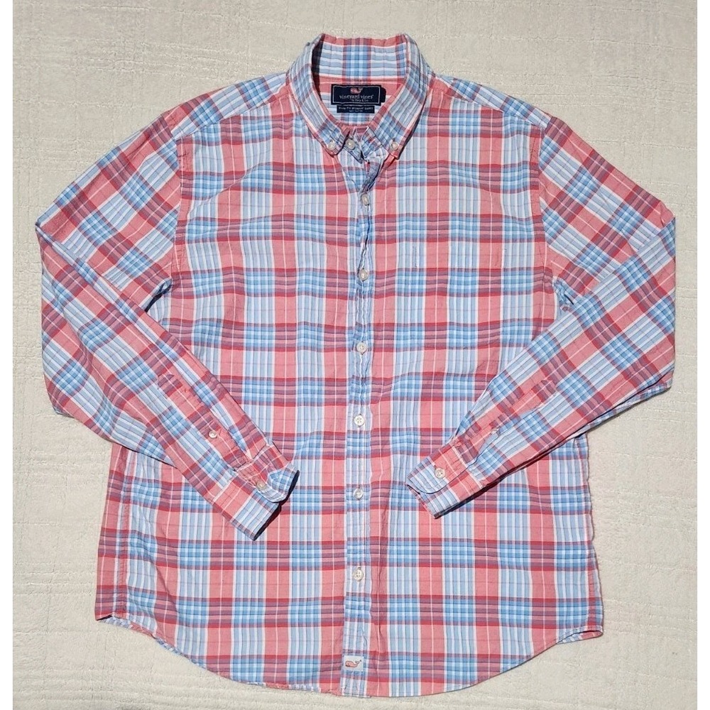 Vineyard Vines Size L White Blue Red Plaid Slim Fit Murray Button Up‎ Shirt